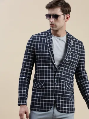 Reinforced Shoulder Padding Men's Navy Blue Checked Slim-Fit Single Breasted Casual Blazers
