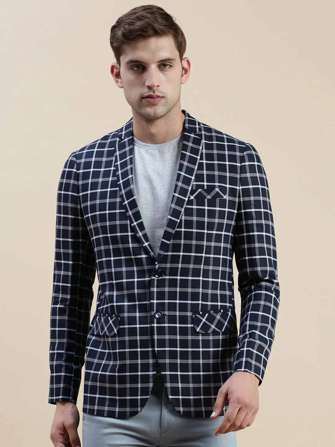 Modular Attachment Points Quick drying material Men's Navy Blue Checked Slim-Fit Single Breasted Casual Blazers