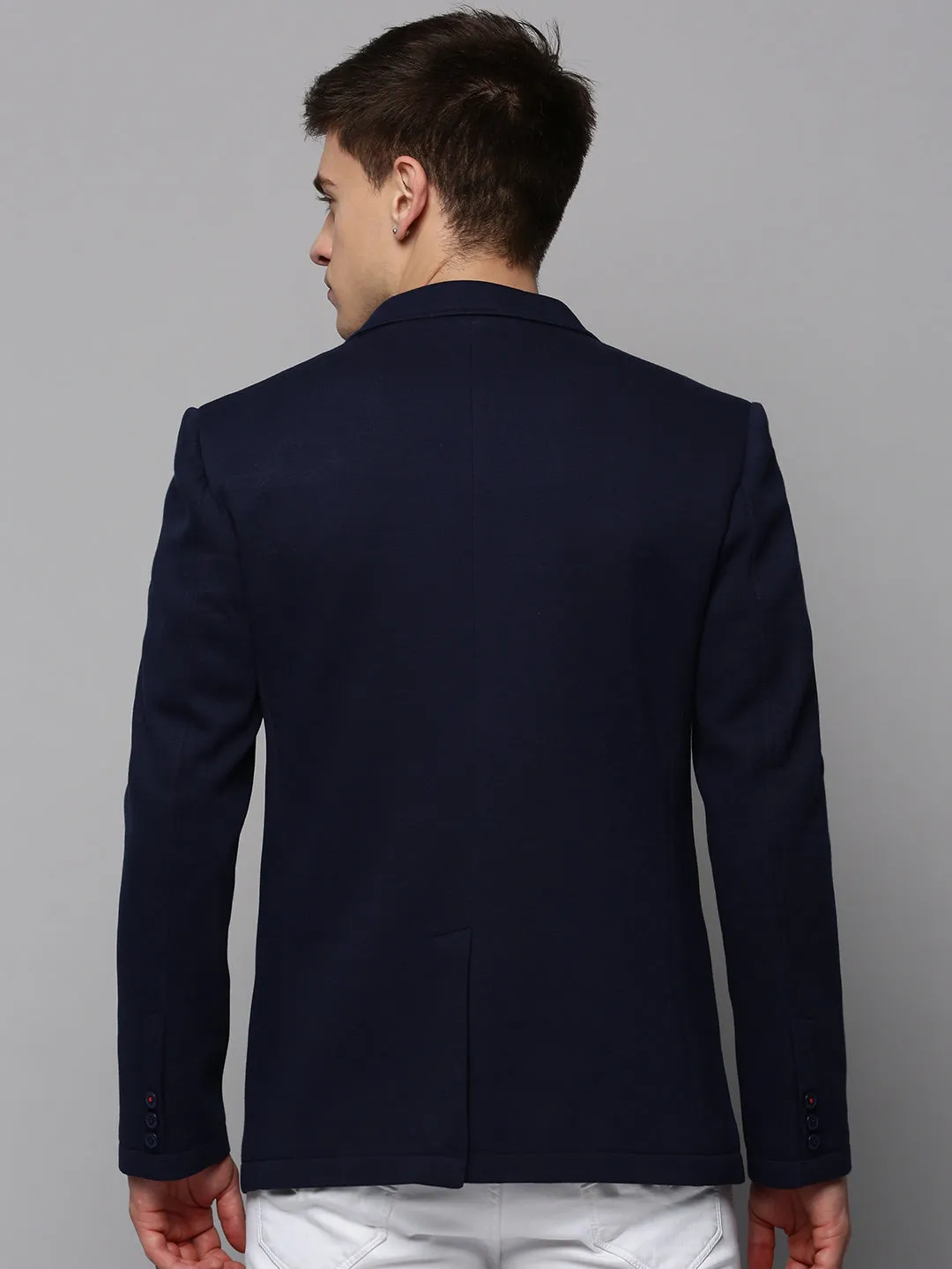Minimal Detail Men's Navy Blue Dobby Notched Lapel Open-Front Blazer