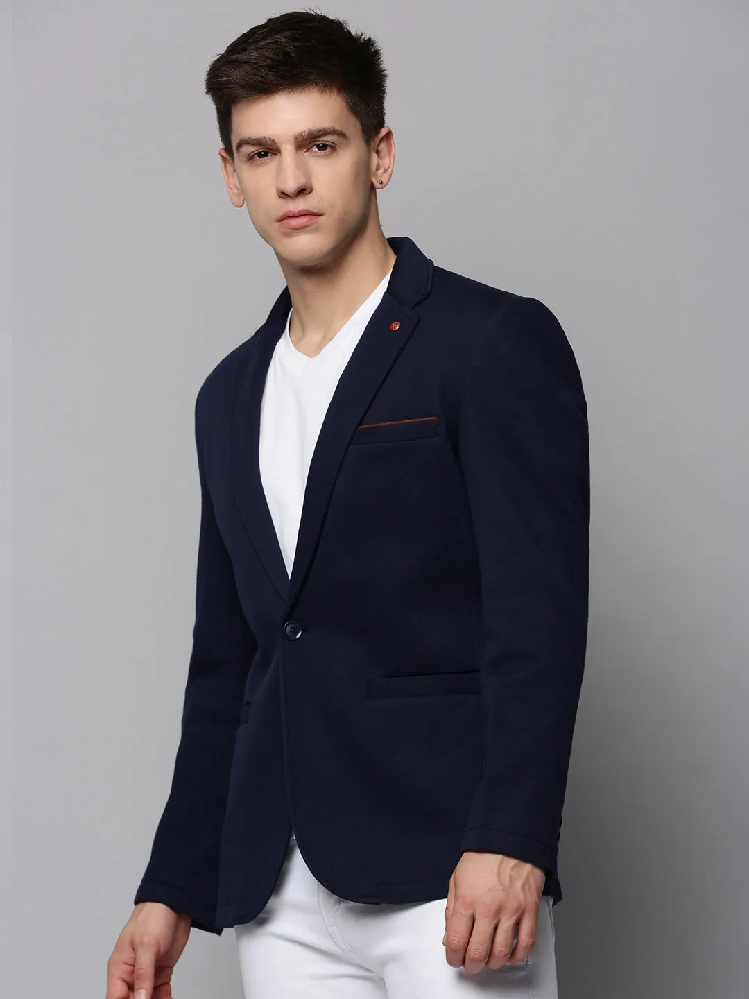 Men's Navy Blue Dobby Notched Lapel Open-Front Blazer Waterproof Coating
