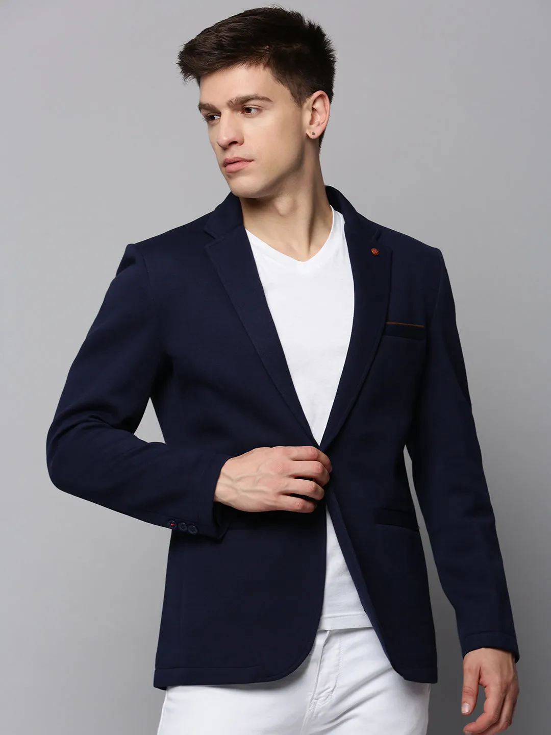Men's Navy Blue Dobby Notched Lapel Open-Front Blazer Weatherproof Zippers