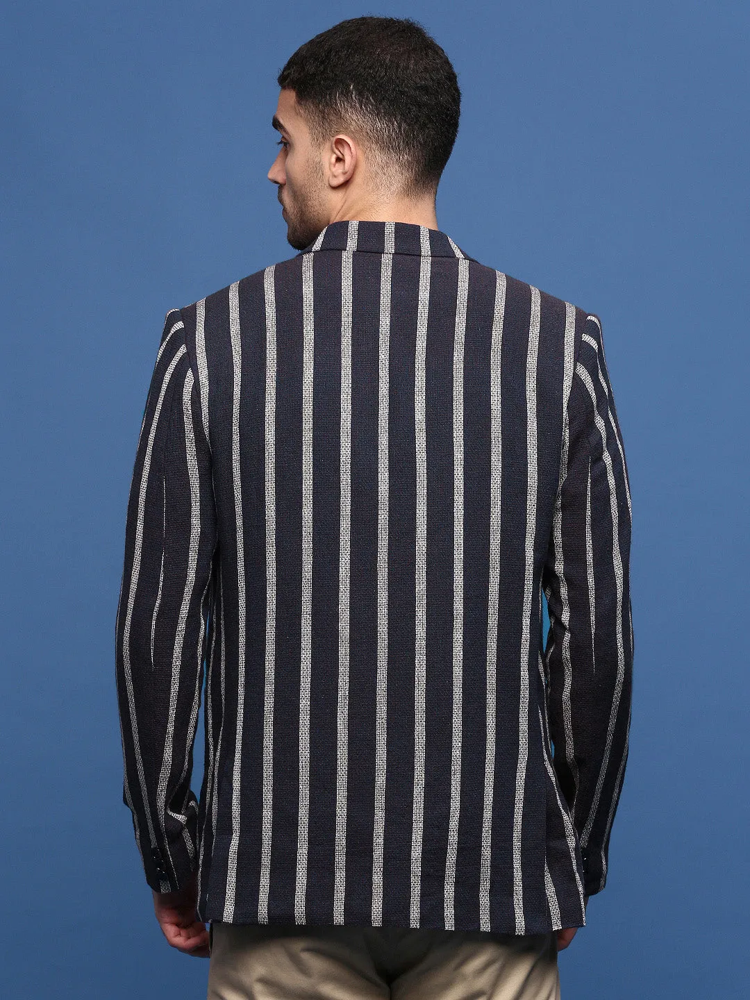 Temperature Adaptive WaterRepellentFabric Men's Navy Blue Slim Fit Single-Breasted Checked Notched Lapel Cotton Blazers