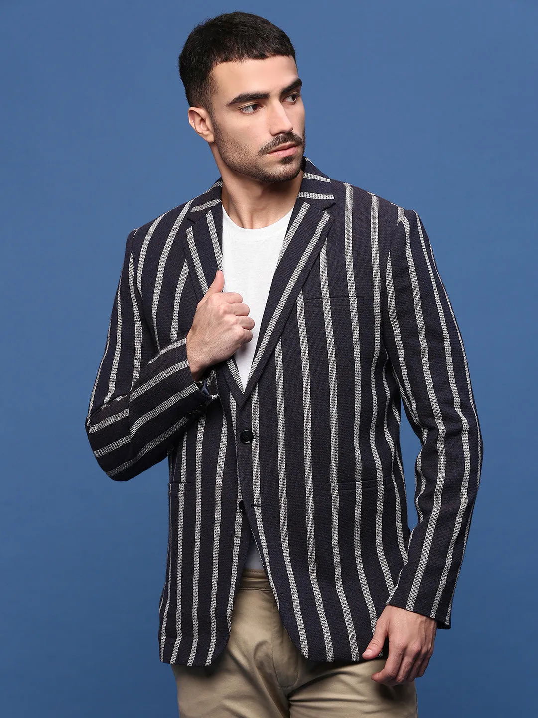 Men's Navy Blue Slim Fit Single-Breasted Checked Notched Lapel Cotton Blazers Wind Resistant