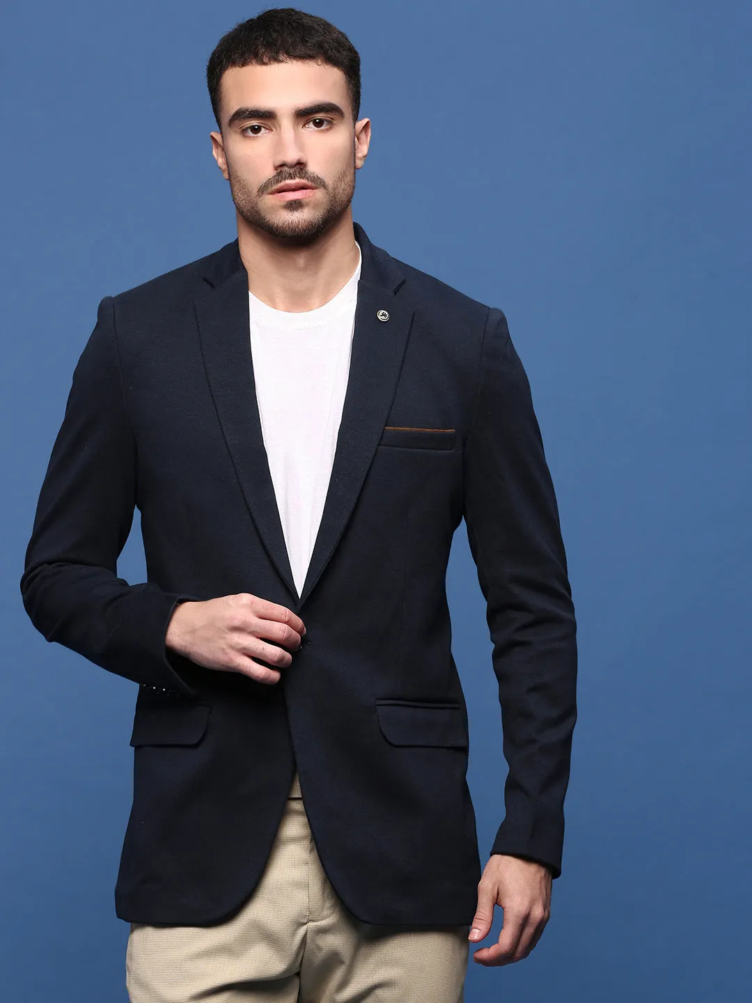 Easy Movement Cut Unisex Casual Fit Men's Navy Blue Slim Fit Single Breasted Notched Lapel Collar Cotton Blazers