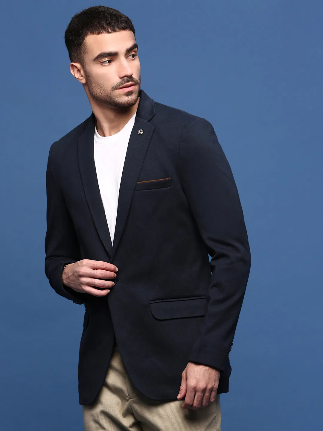 Men's Navy Blue Slim Fit Single Breasted Notched Lapel Collar Cotton Blazers OdorResistant Treatment Low Bulk High Warmth