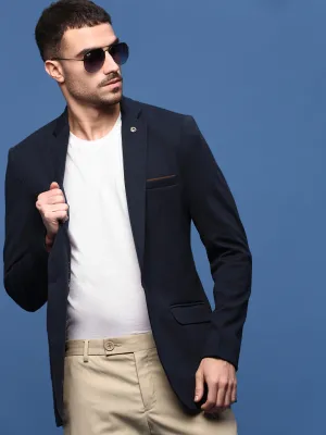 Men's Navy Blue Slim Fit Single Breasted Notched Lapel Collar Cotton Blazers Concealed Zippers Low Profile Collar Design