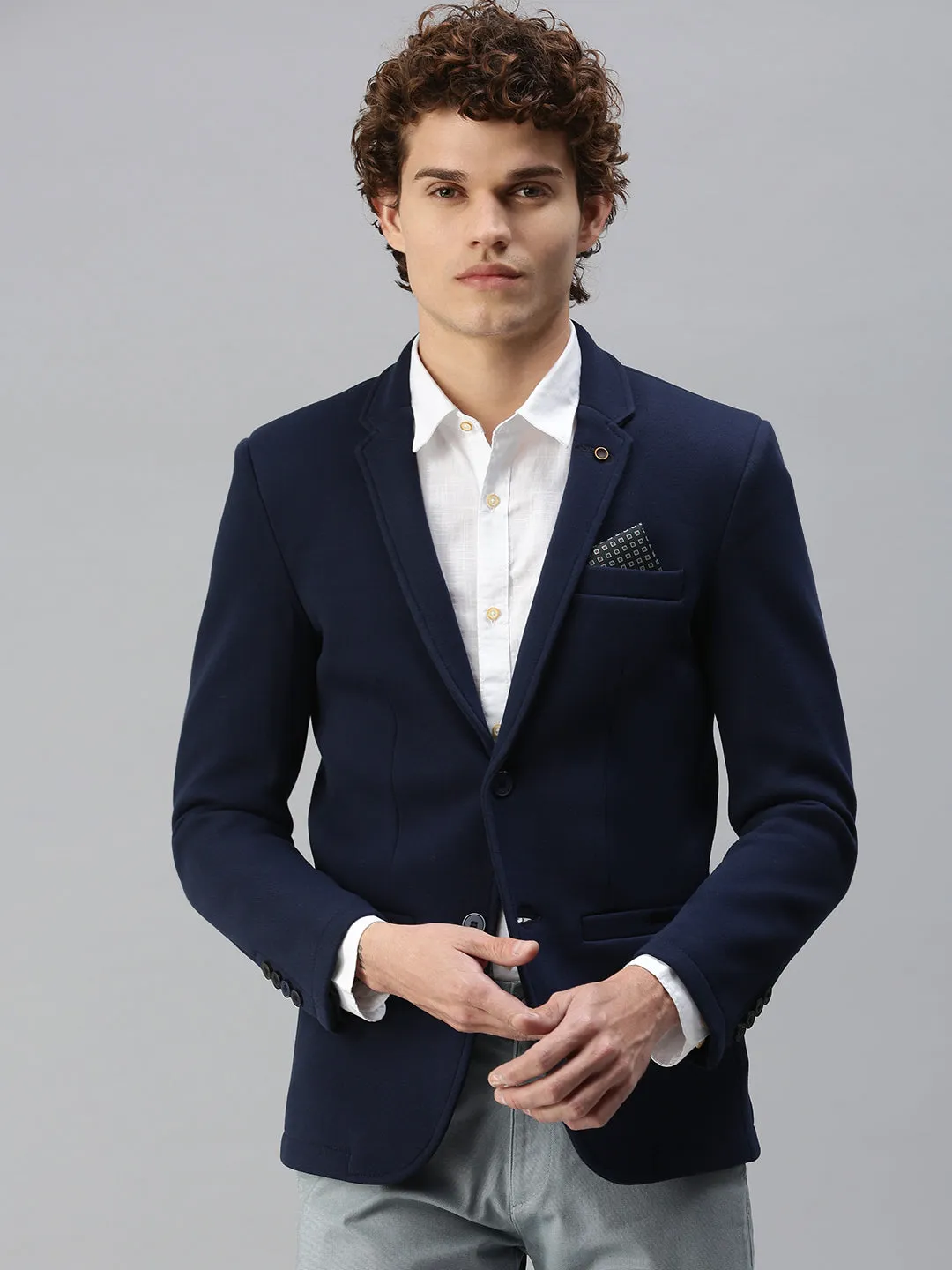 Men's Navy Blue Solid Single-Breasted Slim-Fit Blazer Easy Layering