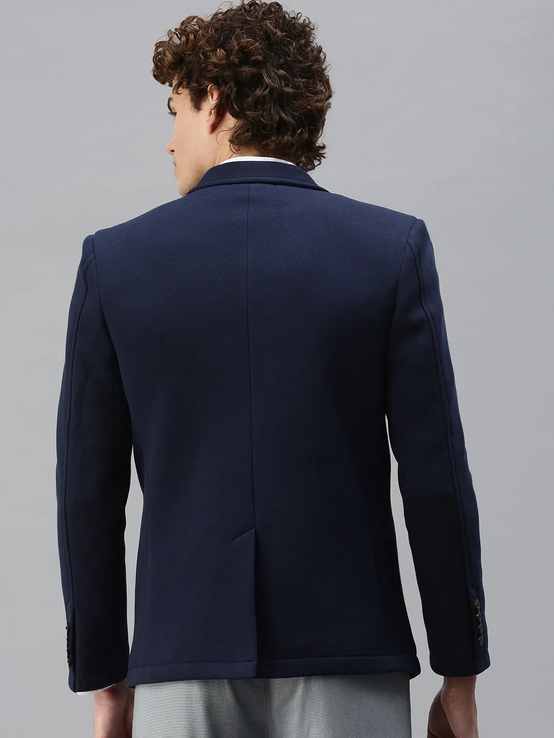 Men's Navy Blue Solid Single-Breasted Slim-Fit Blazer Ergonomic Articulation Reflective details