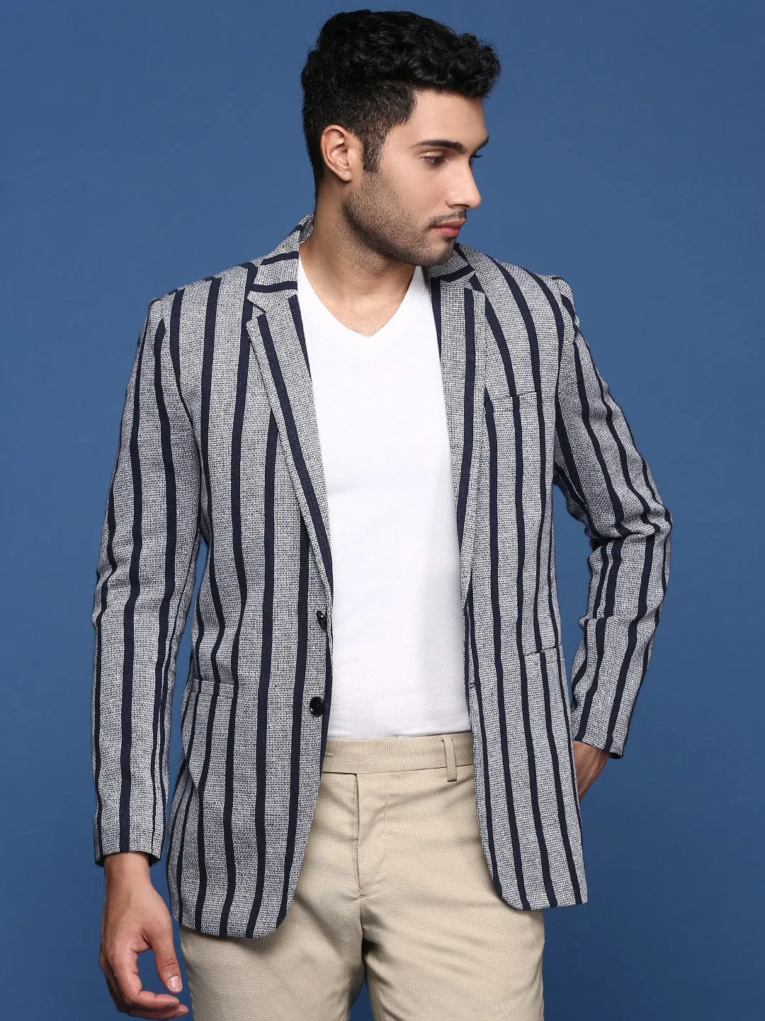 Soft Fleece Lining Men's Navy Blue Striped Notched Lapel Slim Fit Single Breasted Blazers