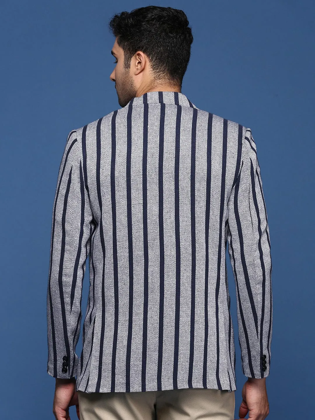 Men's Navy Blue Striped Notched Lapel Slim Fit Single Breasted Blazers Hooded styles Compact Layer