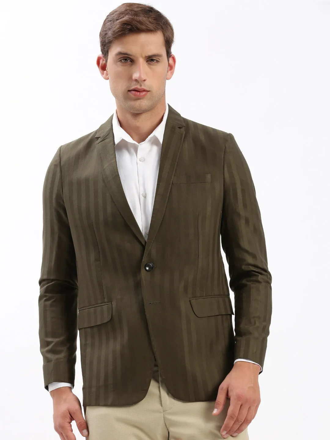 Men's Notched Lapel Self Design Olive Blazer Good Material Rainy Day