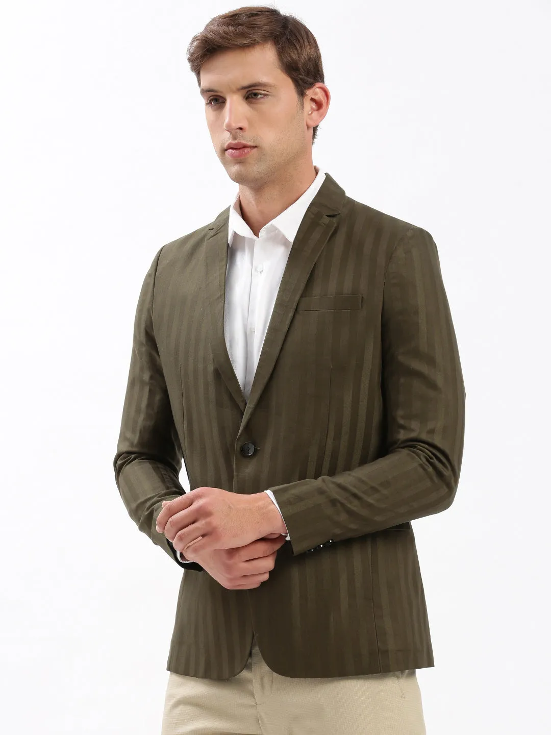 Men's Notched Lapel Self Design Olive Blazer Bomber Cut