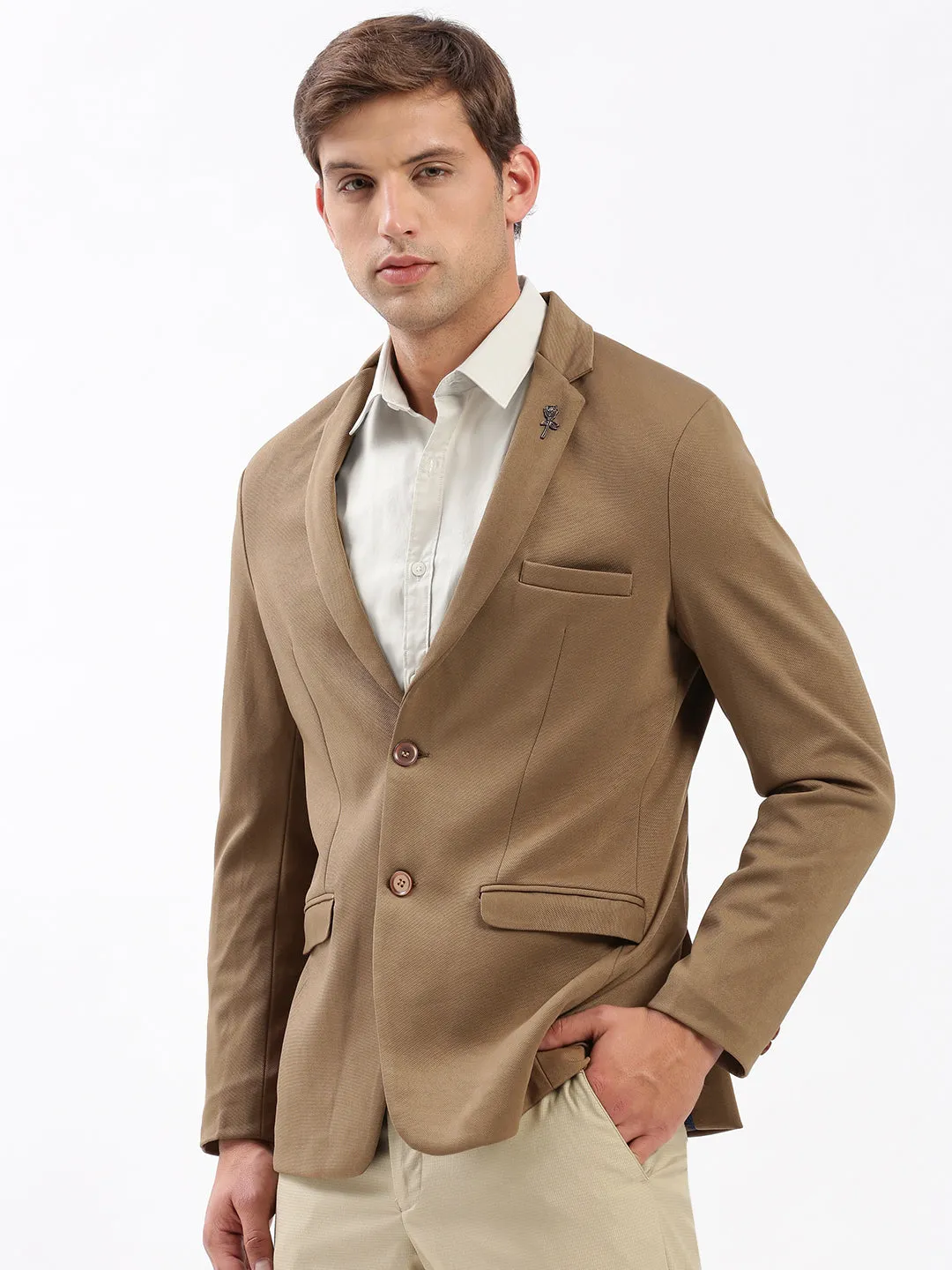 Men's Notched Lapel Solid Brown Blazer Bonded seams Ergonomic Armhole Cut