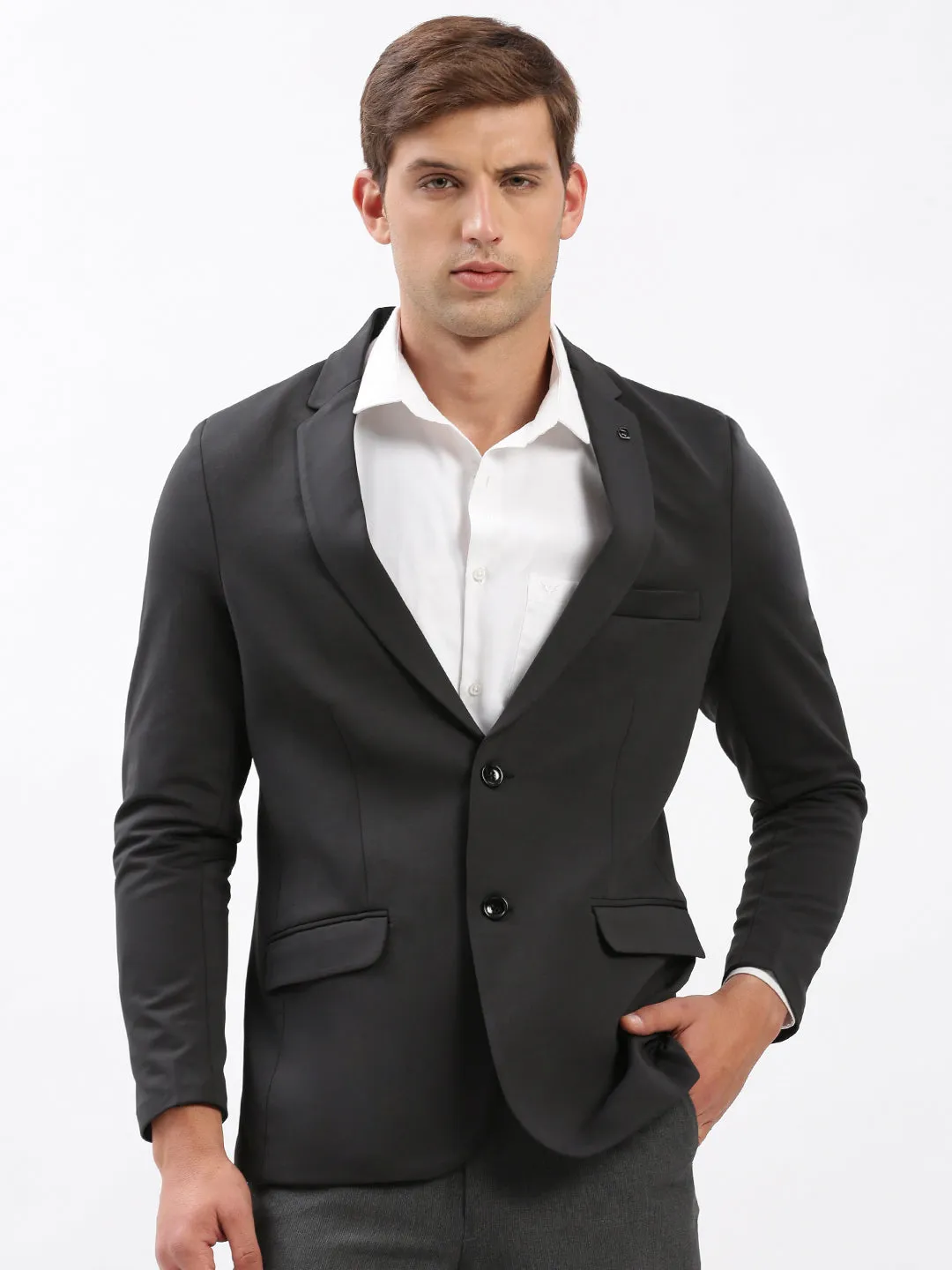 Men's Notched Lapel Solid Charcoal Blazer Comfy Layers Weatherproof Barrier