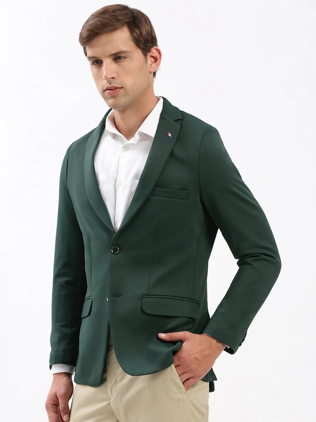 Men's Notched Lapel Solid Green Casual Blazer Low Profile Logoing Classic Ribbed Cuffs