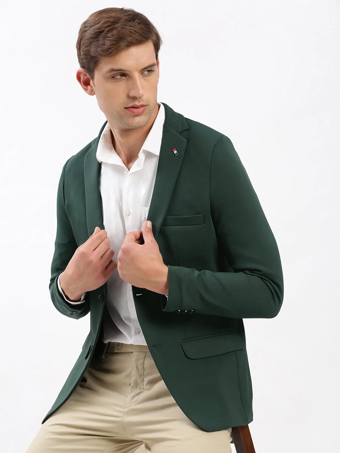 Bonded Hemline Men's Notched Lapel Solid Green Casual Blazer