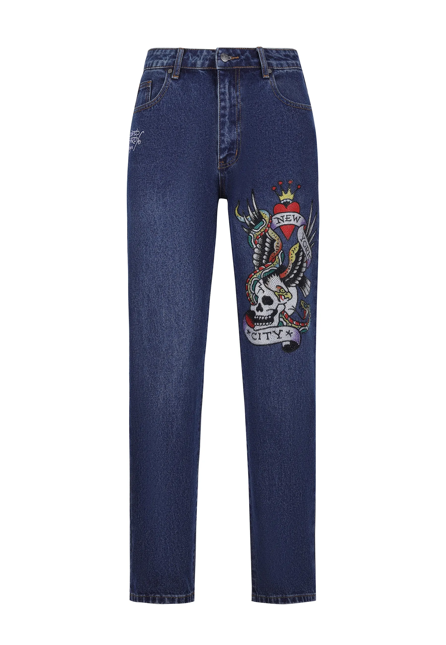 Mens Nyc-Skull Diamante Denim Trousers Jeans - Indigo Tailored Appearance