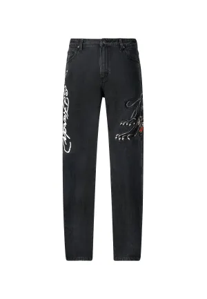 Timeless Appeal Mens Panther-Crouch-Leap Tattoo Graphic Relaxed Denim Trousers Jeans - Black