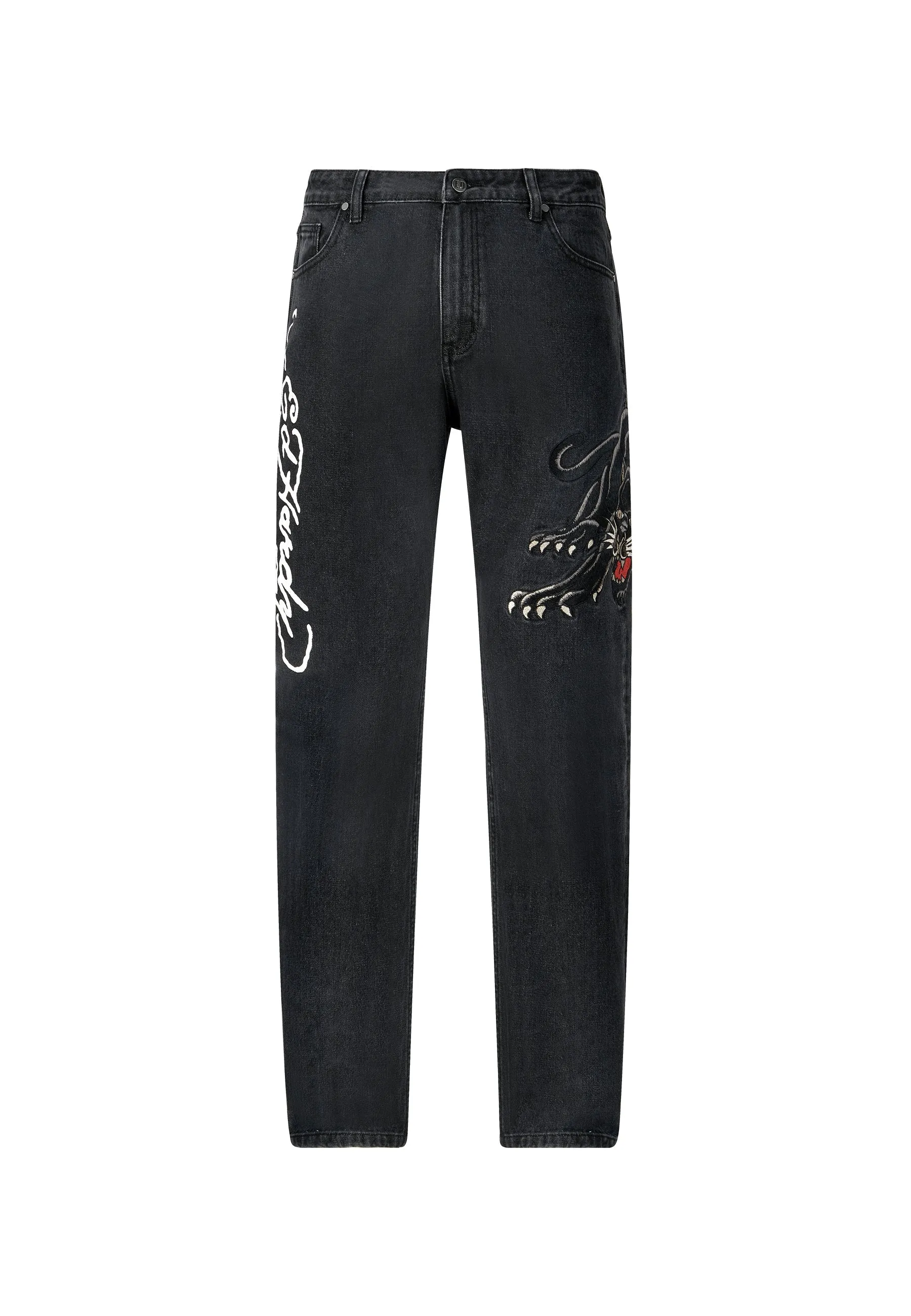 Timeless Appeal Mens Panther-Crouch-Leap Tattoo Graphic Relaxed Denim Trousers Jeans - Black