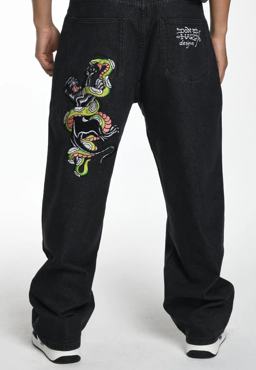 Daily Musthave Fashion Forward Mens Panther-Slither Tattoo Graphic Relaxed Denim Trousers Jeans - Black