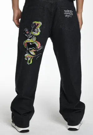Daily Musthave Fashion Forward Mens Panther-Slither Tattoo Graphic Relaxed Denim Trousers Jeans - Black