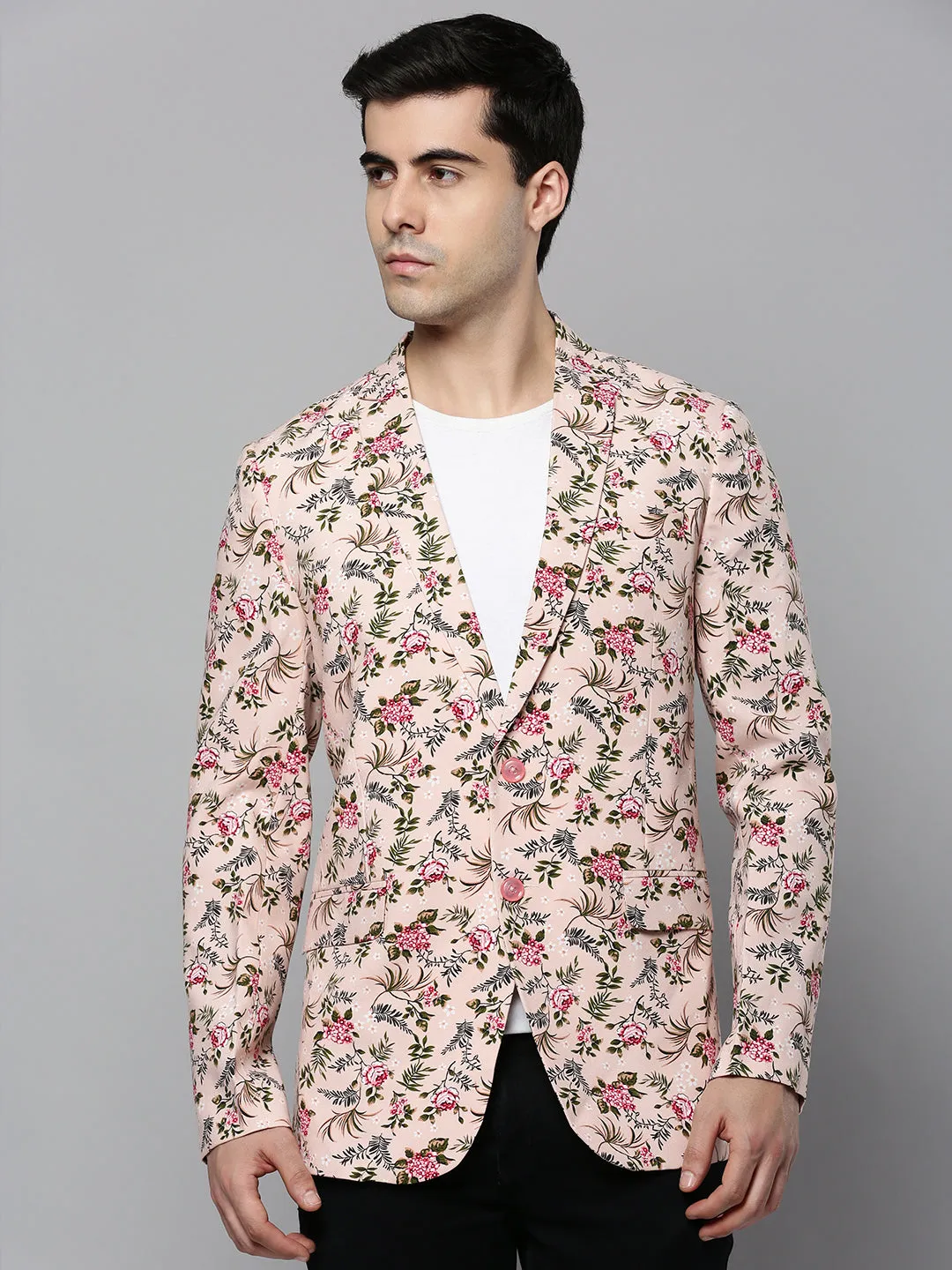 Layered Comfort Look Water Resistant Shell Men's Peach Floral Printed Slim-Fit Single-Breasted Blazer