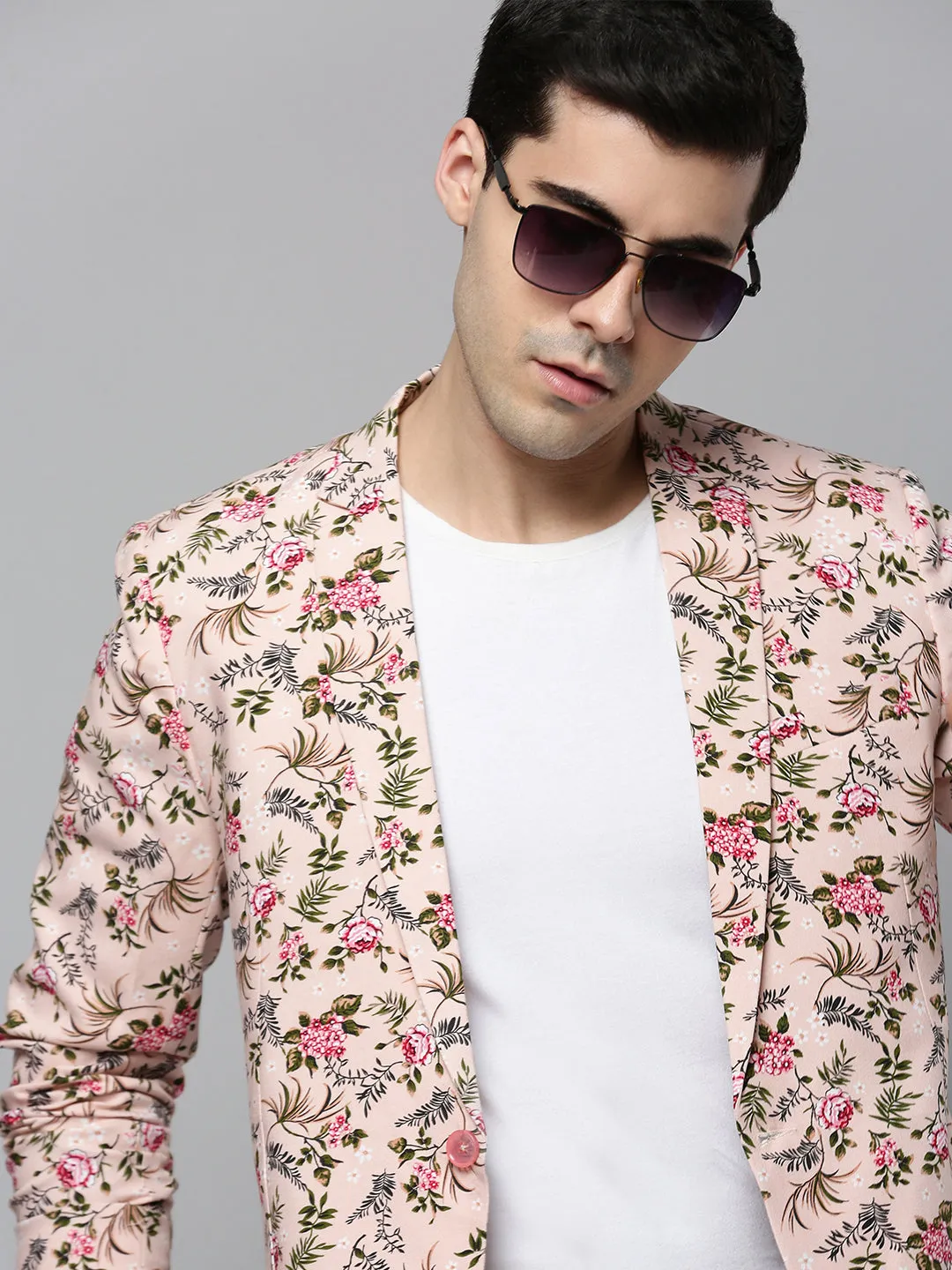 All Day Comfort Men's Peach Floral Printed Slim-Fit Single-Breasted Blazer