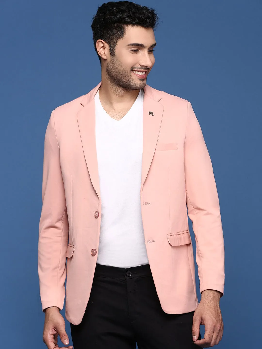 Pattern Print Men's Peach Slim Fit Single Breasted Blazer