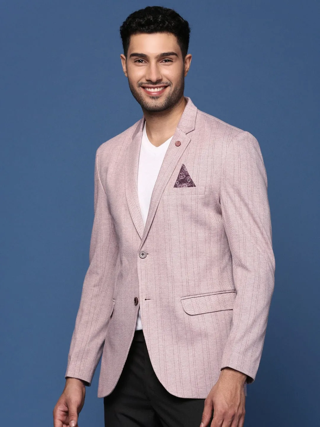 Men's Peach Striped Slim-Fit Cotton Single-Breasted Blazer RubberizedTrim