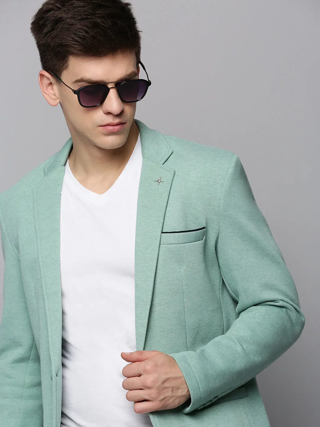 Men's Sea Green Single-Breasted Casual Blazer Articulated Sleeves