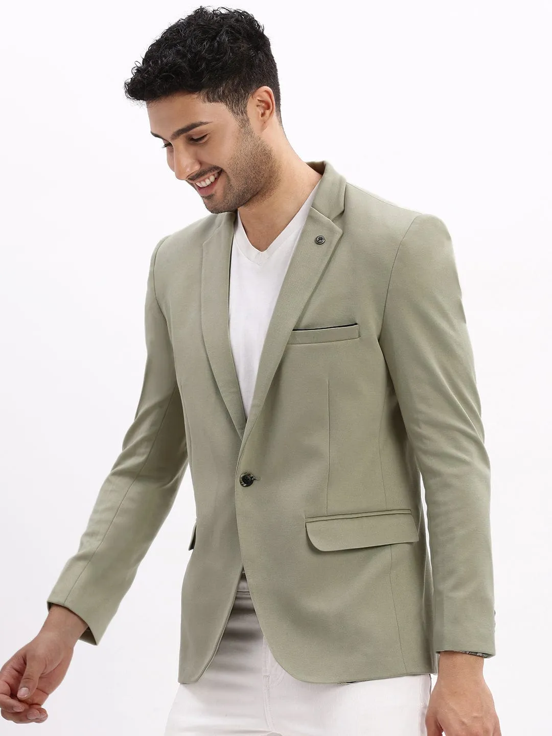 Men's Sea Green Single Breasted Notched Lapel Collar Casual Blazer UV protection layer