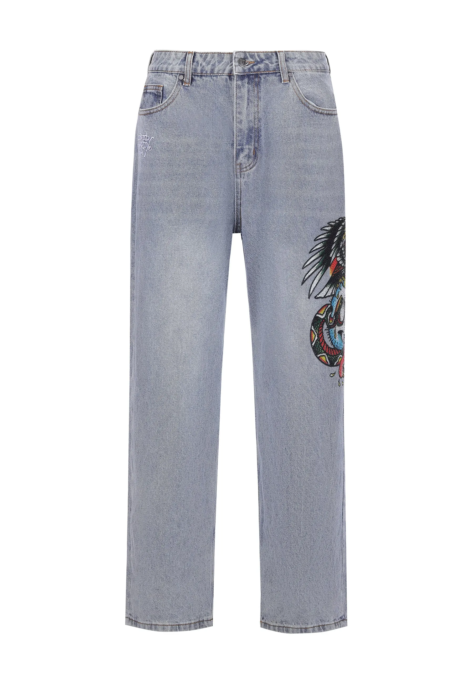 Mens Skull-Snake-Eagle Diamante Denim Trousers Jeans - Bleach Minimalist Eco Friendly