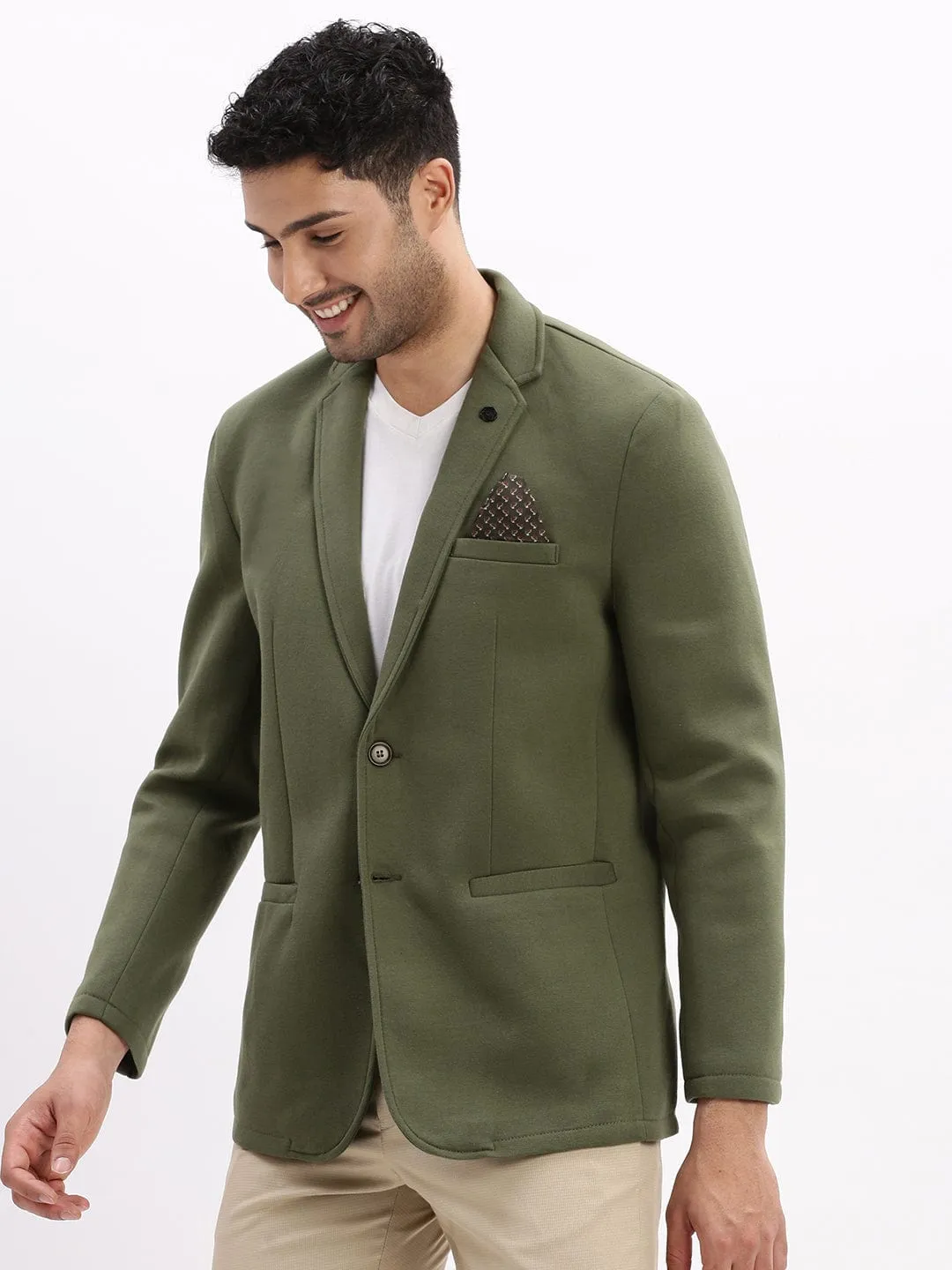 Tech Use Men's Solid Green Single Breasted Casual Blazer