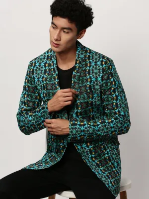 Trendy Must Have Pastel Shade Men's Turquoise Blue Printed Slim-Fit Cotton Single Breasted Blazer