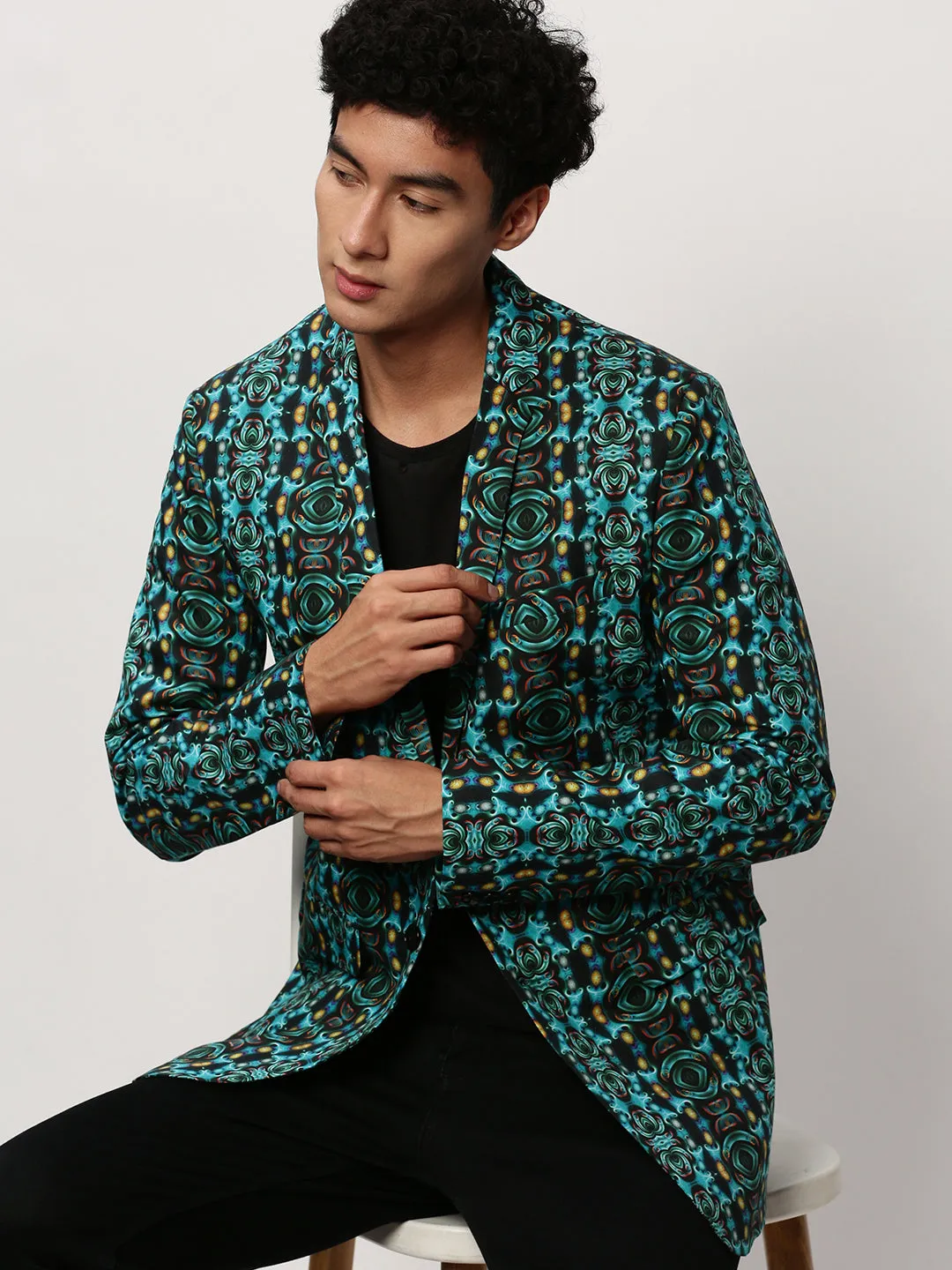 Trendy Must Have Pastel Shade Men's Turquoise Blue Printed Slim-Fit Cotton Single Breasted Blazer