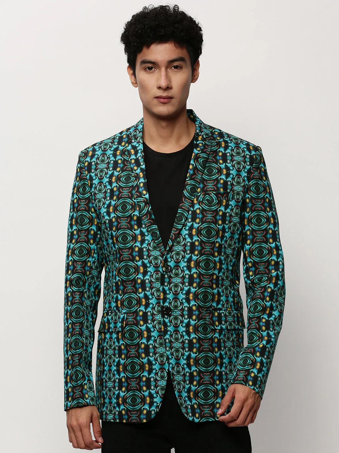 Smart Casual Reinforced Shoulder Protection Men's Turquoise Blue Printed Slim-Fit Cotton Single Breasted Blazer