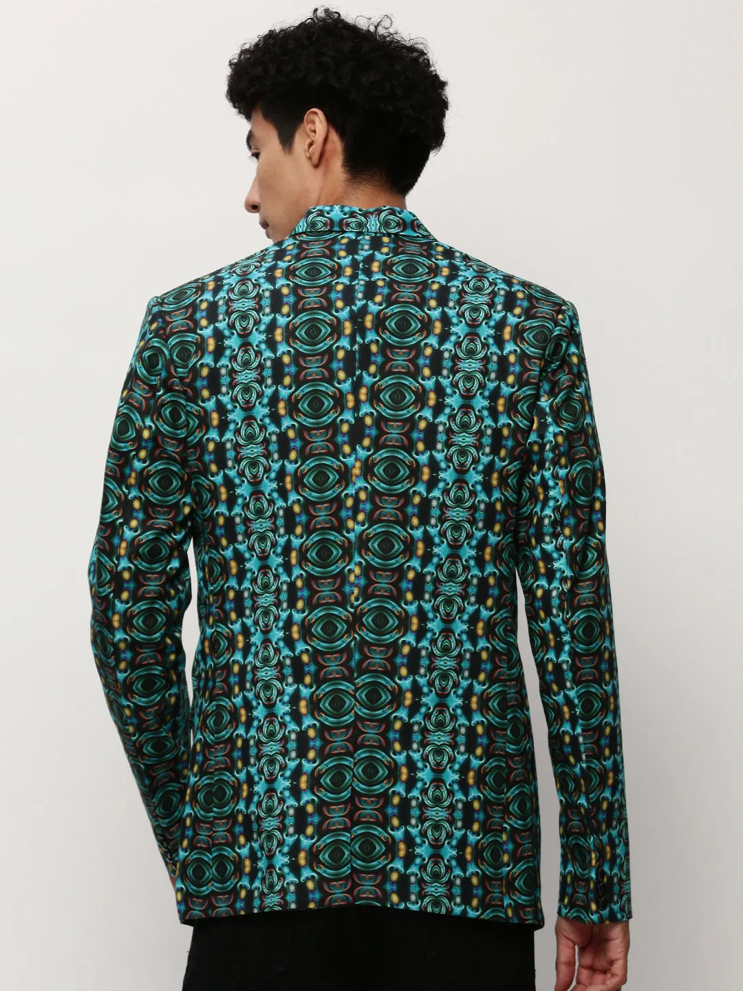 Mid Length Cut Men's Turquoise Blue Printed Slim-Fit Cotton Single Breasted Blazer