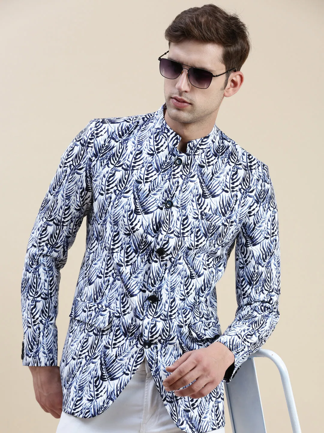 Quick Release Buckle Mechanism Button Closure Men's White Printed Cotton Bandhgala Blazer