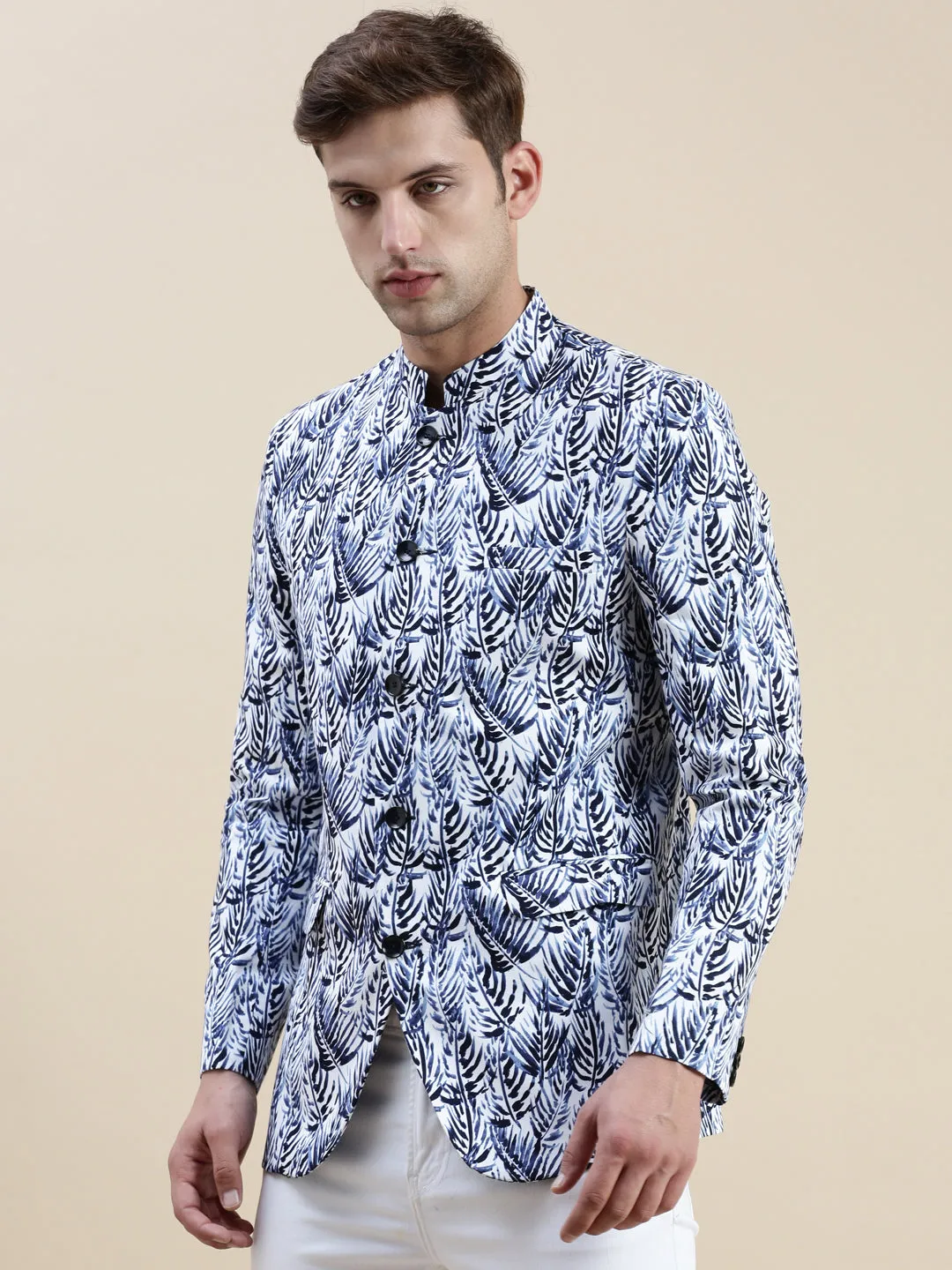 Men's White Printed Cotton Bandhgala Blazer Reinforced Zippers