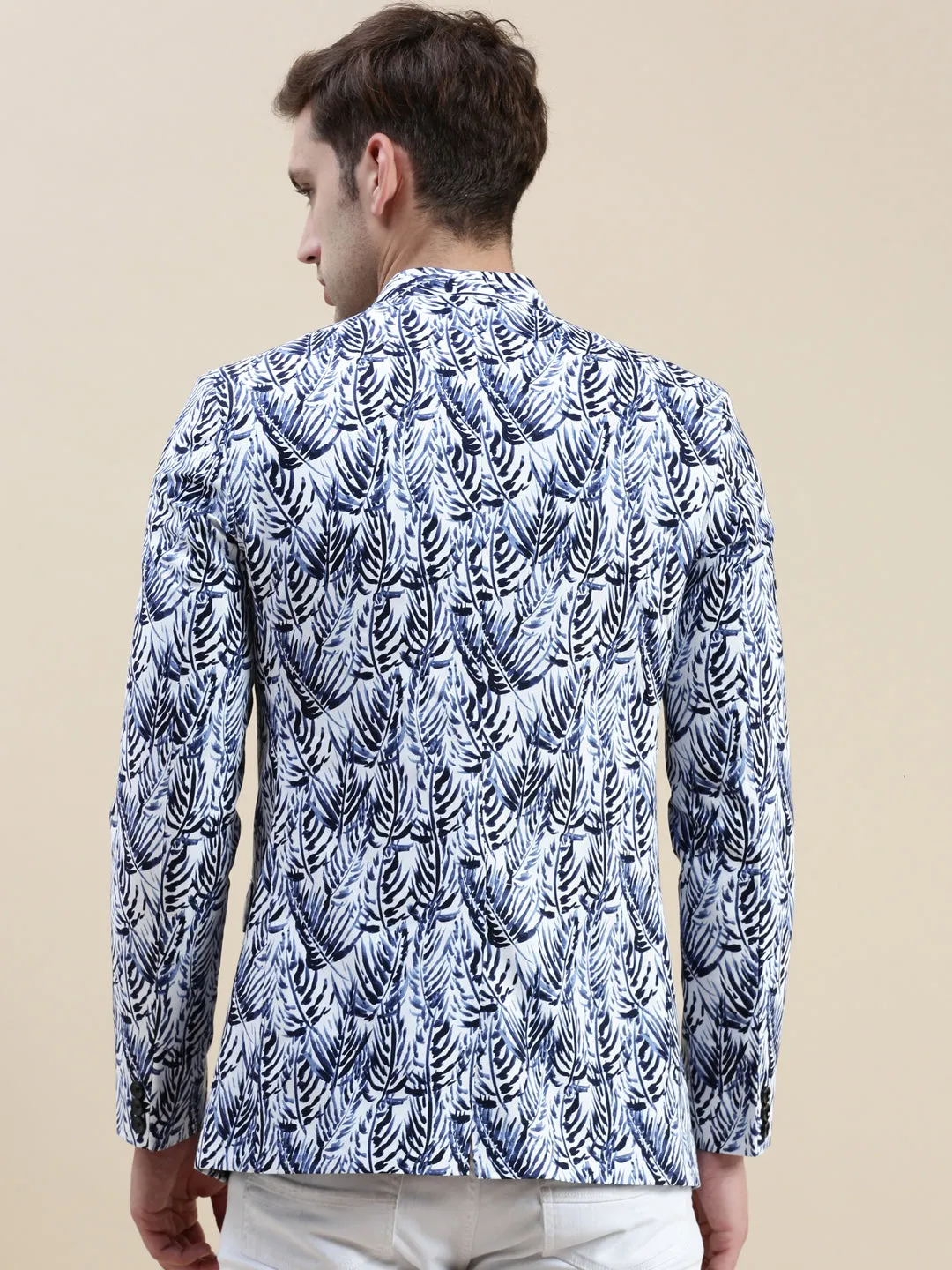 Men's White Printed Cotton Bandhgala Blazer Snag Free Knit