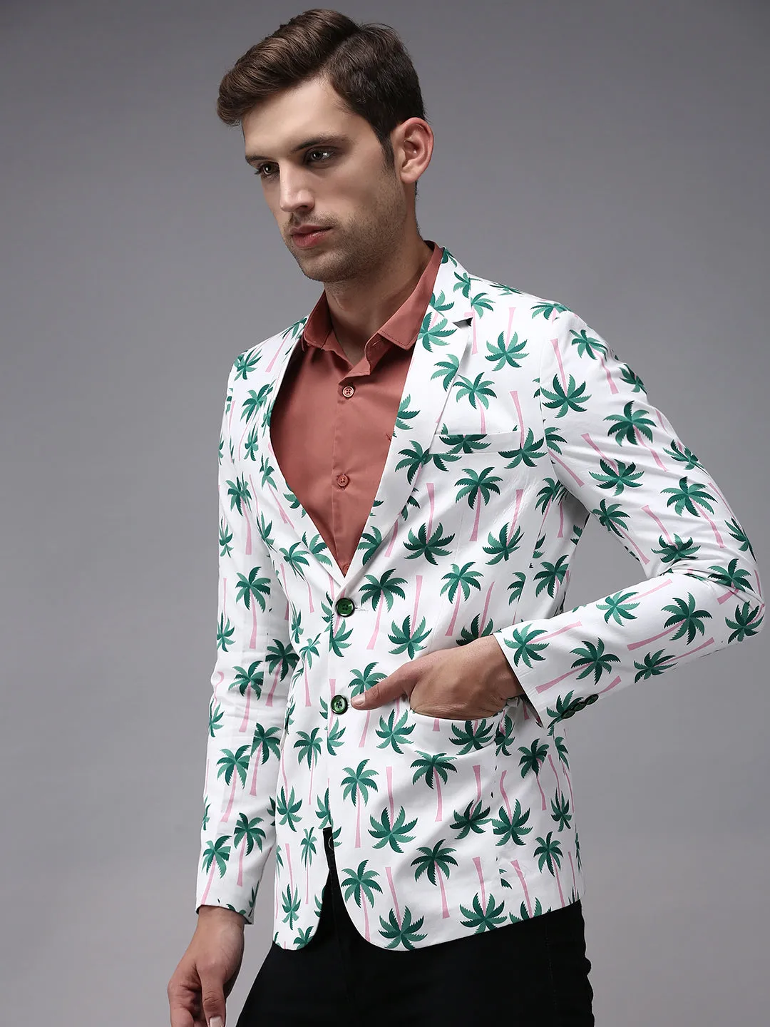 Stylish Comfort Flexible Armholes Men's White Printed Single Breasted Blazers