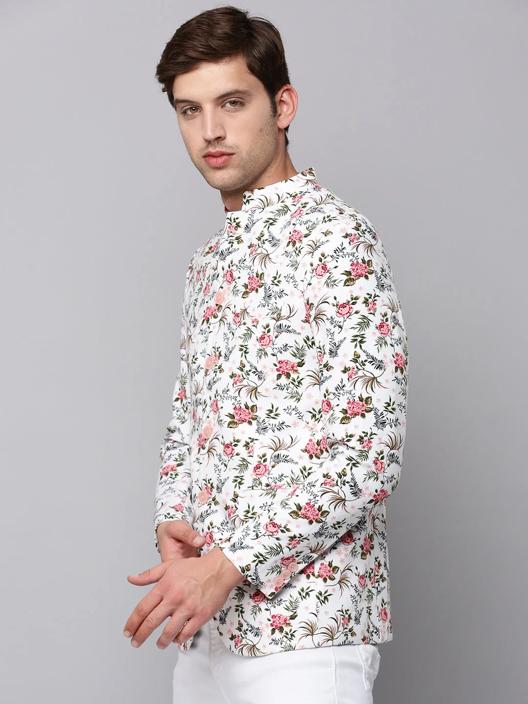 Men's White Printed Slim-Fit Bandhgala Blazer AbrasionResistantSurface Eco Friendly