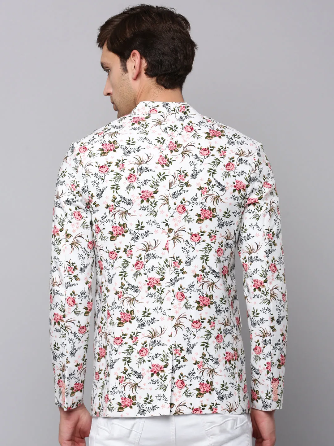 Men's White Printed Slim-Fit Bandhgala Blazer Vegan Fabric