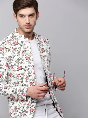 Mid Length Cut Men's White Printed Slim-Fit Bandhgala Blazer