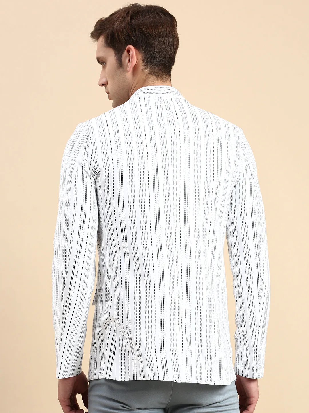 Reflective Safety Trim Multi pockets Men's White Striped Slim Fit Mandarin Collar Bandhgala Blazer