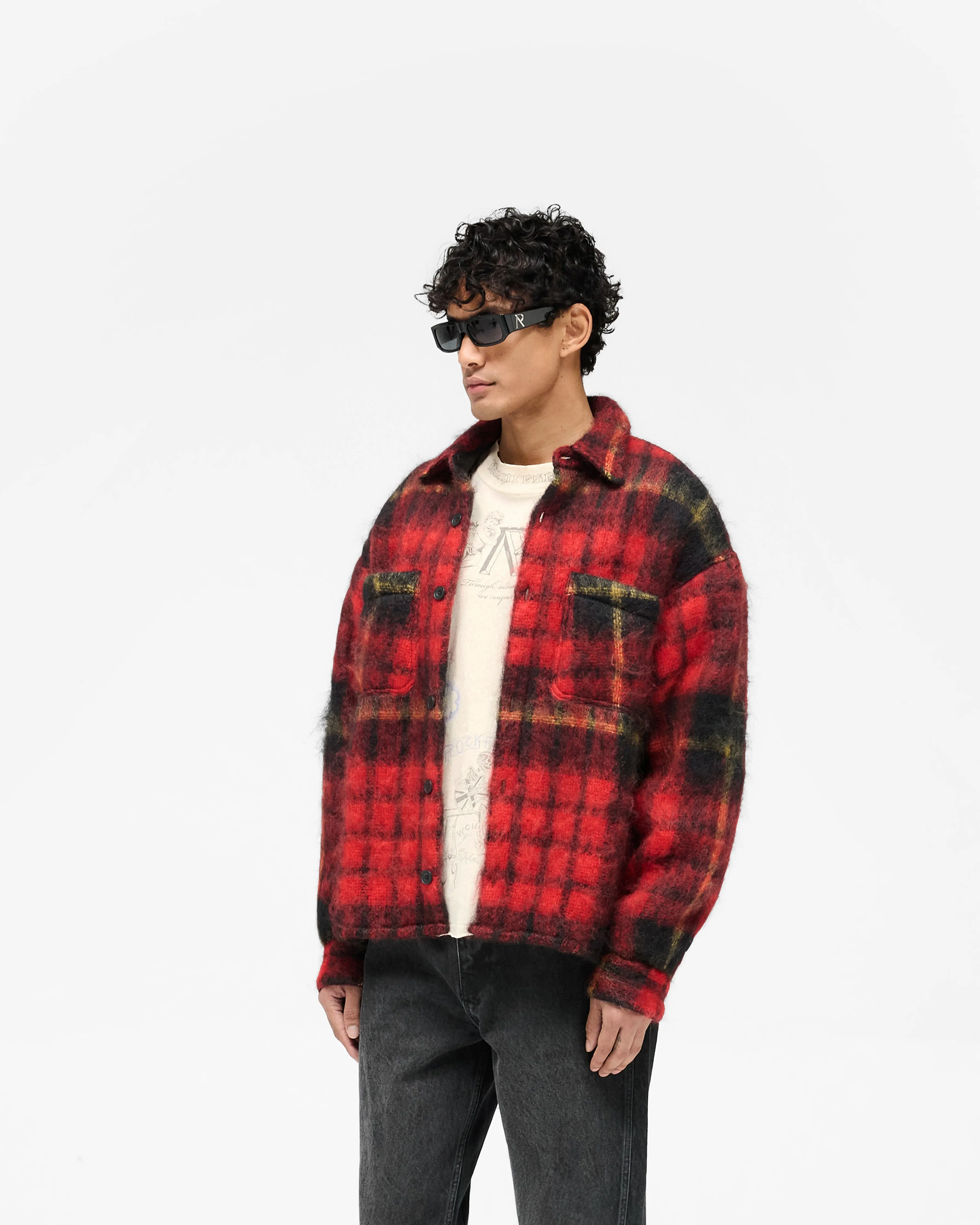 Smooth Stitch Pattern Mohair Overshirt - Red Check