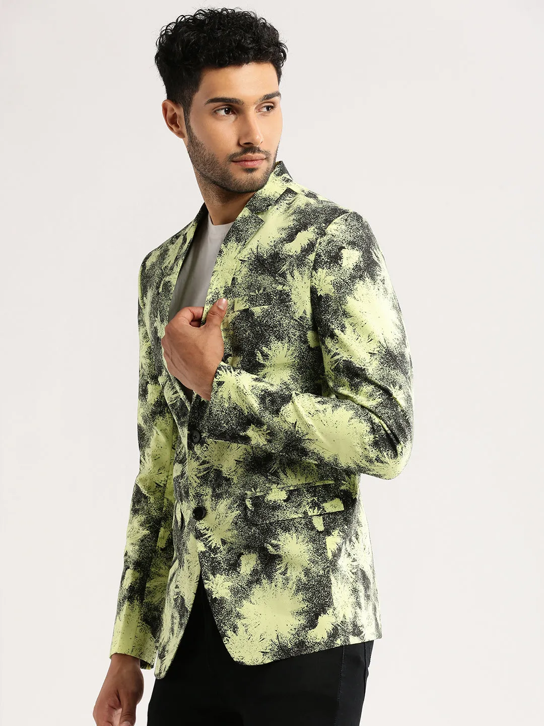 Men's Yellow Printed Notched Lapel Slim-Fit Single-Breasted Blazer Softshell Material