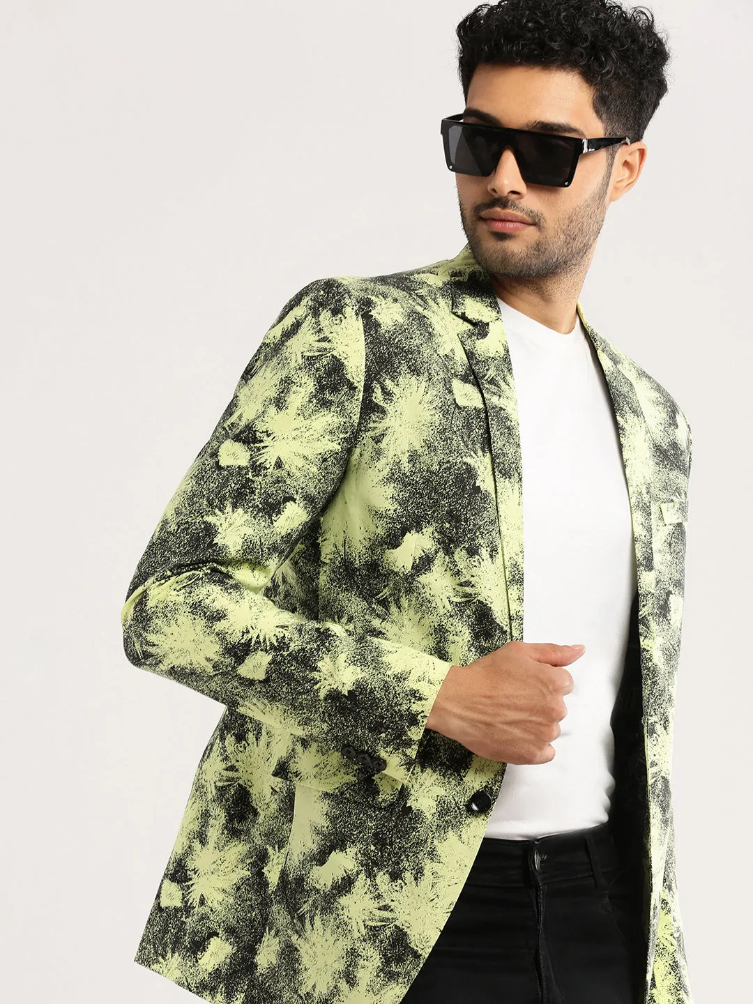 Men's Yellow Printed Notched Lapel Slim-Fit Single-Breasted Blazer AntiStatic Inner Layer