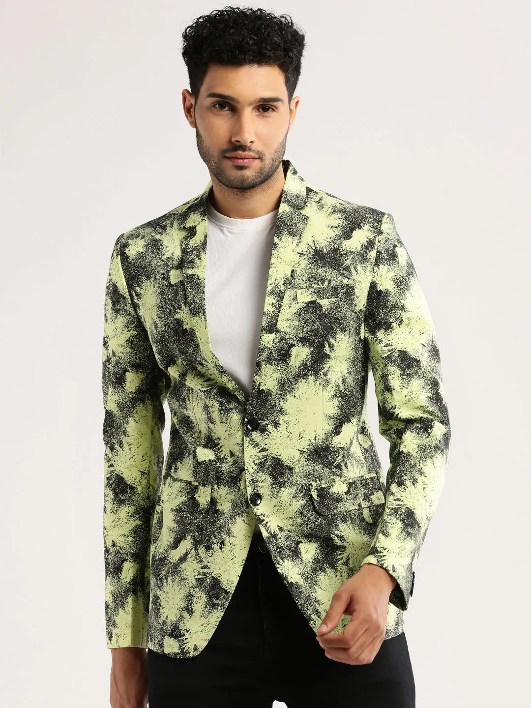 Men's Yellow Printed Notched Lapel Slim-Fit Single-Breasted Blazer High Visibility Trims Non Restrictive Mobility