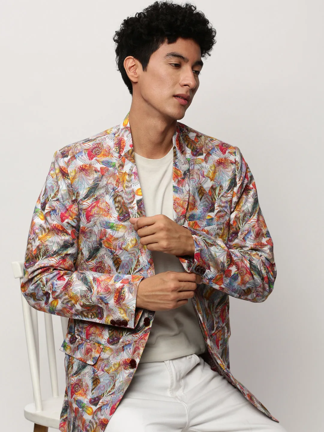 Water Resistant Design Men's Multi Printed Slim-Fit Cotton Single Breasted Blazer